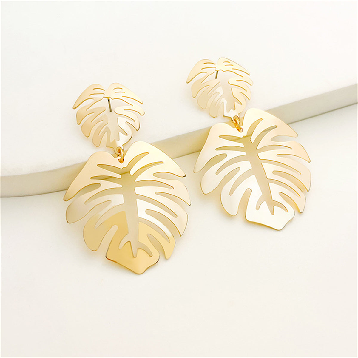 18K Gold-Plated Palm Leaves Drop Earrings, gold drop earrings for women, dainty minimalist design, side view