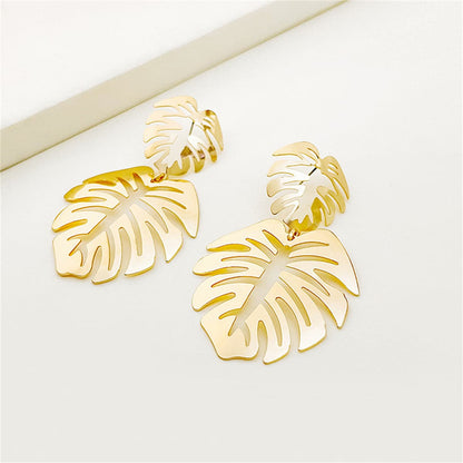 18K Gold-Plated Palm Leaves Drop Earrings, gold drop earrings for women, dainty minimalist design, front view