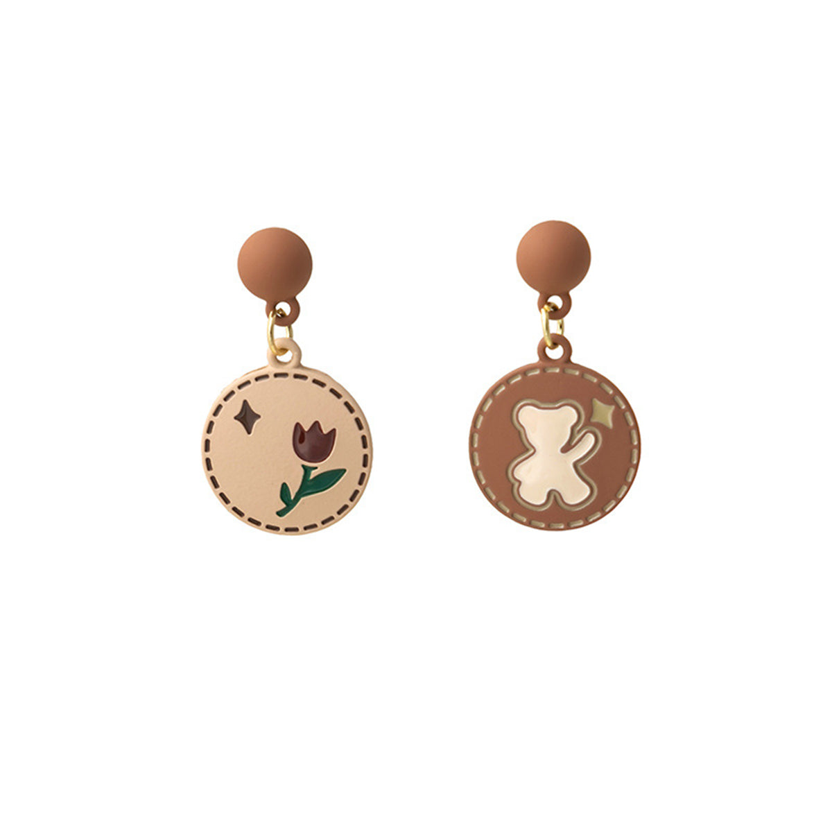 Enamel & 18K Gold-Plated Bear & Rose Round Drop Earrings