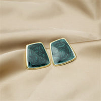 Green Enamel & 18k Gold-Plated Marbled Bezel Geometric Stud Earring