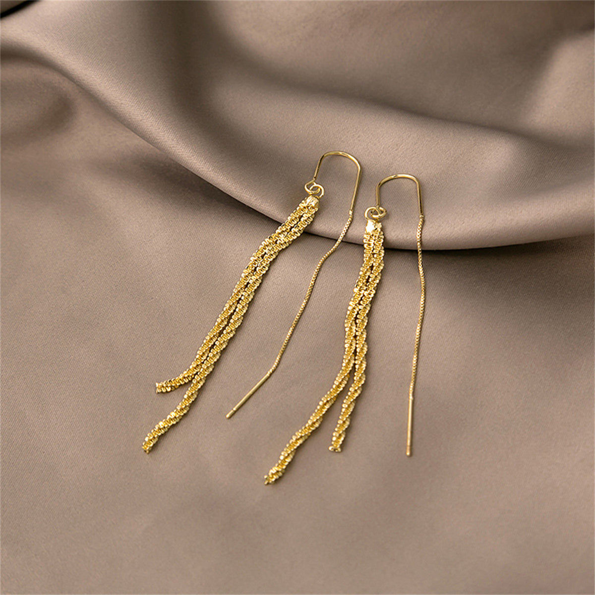 18K Gold-Plated Twine Ear Threaders, gold drop earrings for women, botanical inspired, front view