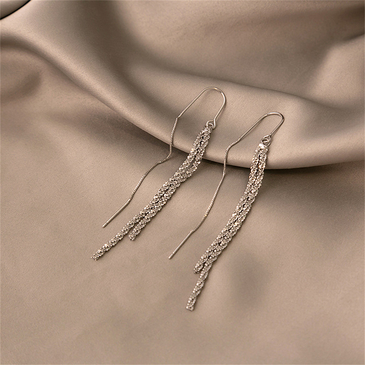 Silver-Plated Twine Threader Earrings, silver drop earrings for women, vintage-inspired design, front view