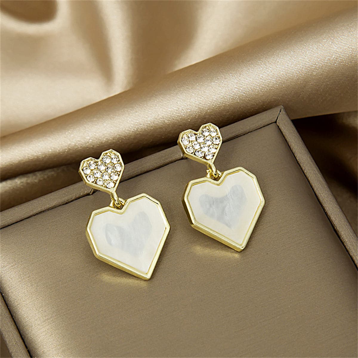 Cubic Zirconia and Shell 18K Gold-Plated Double Heart Drop Earrings, gold drop earrings for women, front view