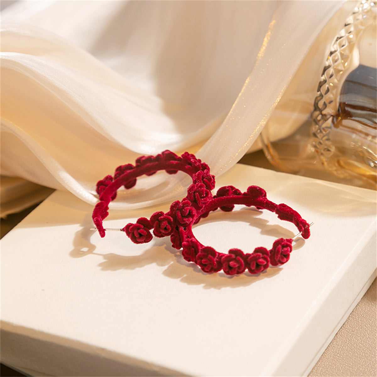 Red and Silver-Plated Rose Flocked Hoop Earrings, botanical inspired, front view