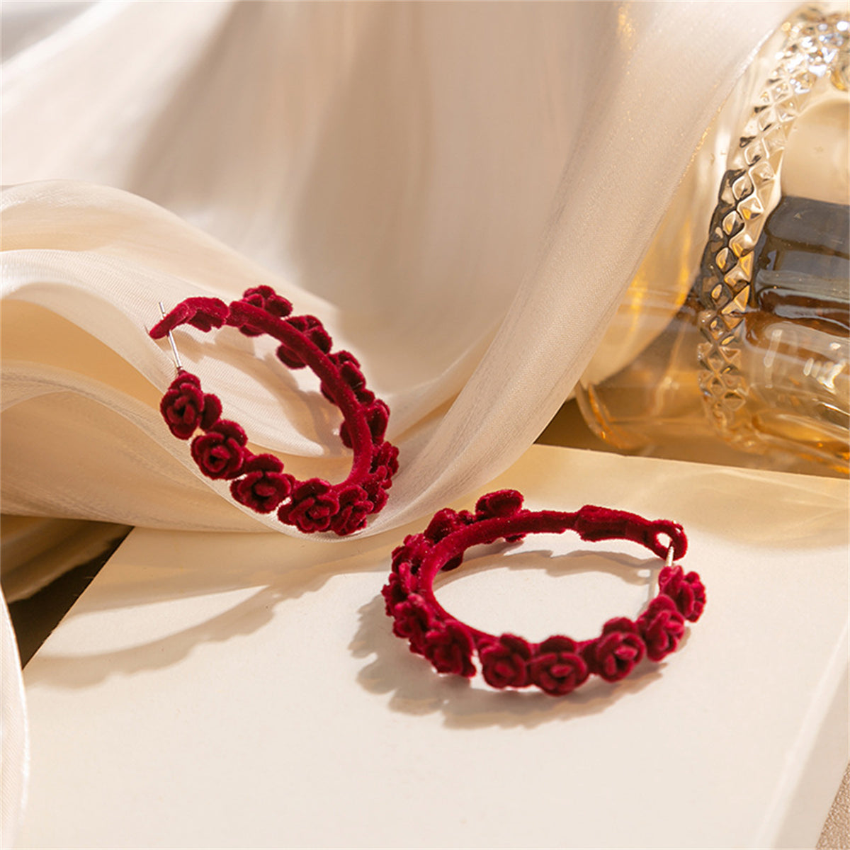 Red & Silver-Plated Rose Flocked Hoop Earrings