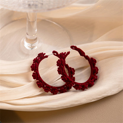 Red and Silver-Plated Rose Flocked Hoop Earrings, botanical inspired, lifestyle look