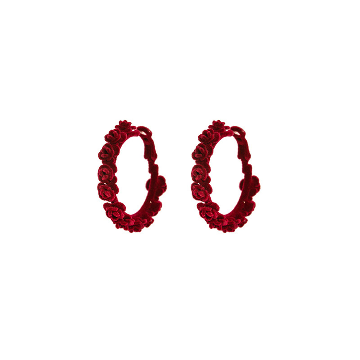 Red and Silver-Plated Rose Flocked Hoop Earrings, botanical inspired, side view