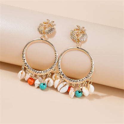 Turquoise and Shell 18K Gold-Plated Circle Conch Drop Earrings, gold drop earrings for women, botanical inspired, front view