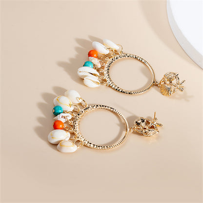 Turquoise and Shell 18K Gold-Plated Circle Conch Drop Earrings, gold drop earrings for women, botanical inspired, side view