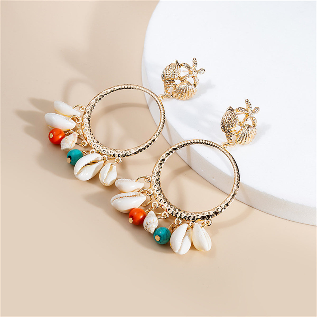 Turquoise and Shell 18K Gold-Plated Circle Conch Drop Earrings, gold drop earrings for women, detail close-up