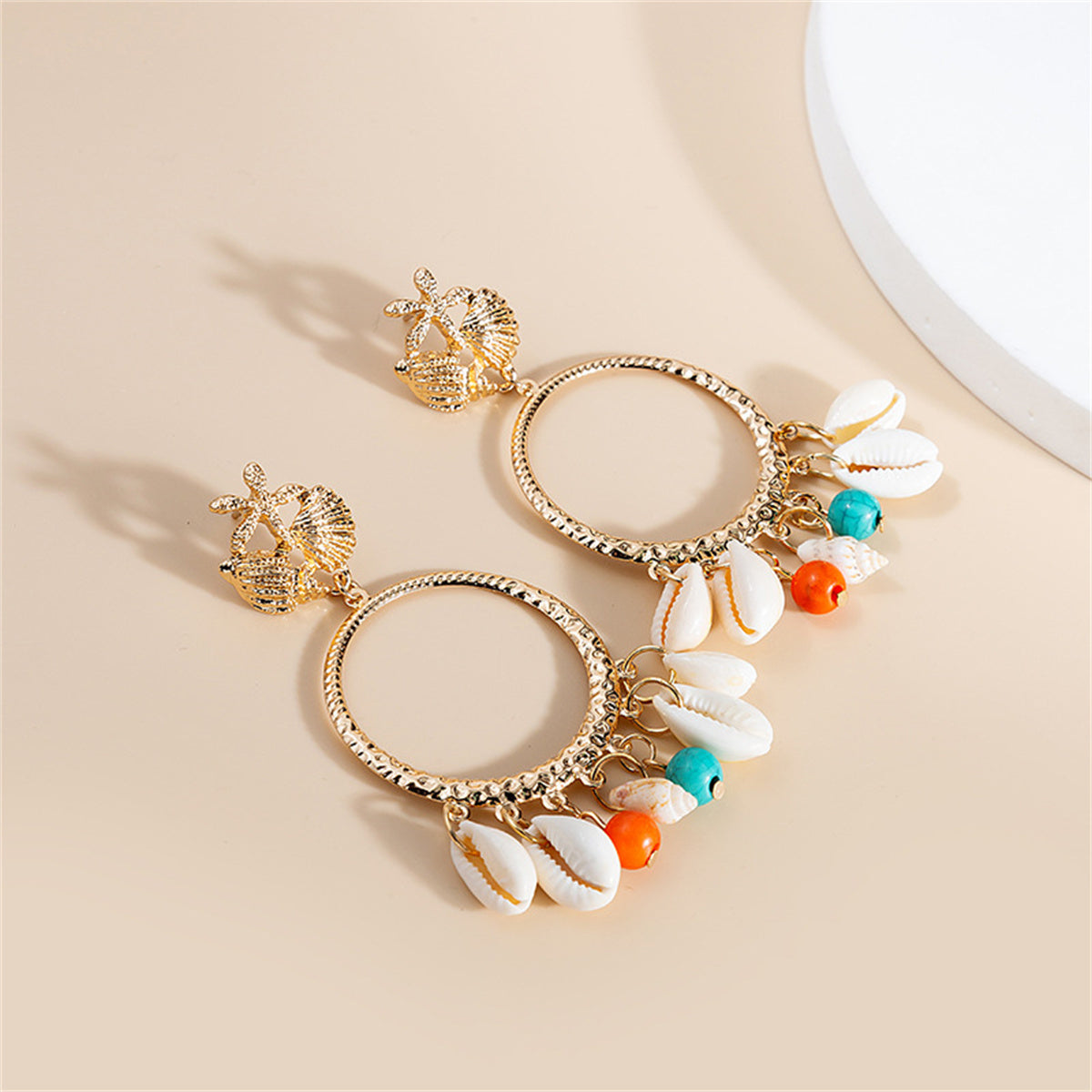 Turquoise and Shell 18K Gold-Plated Circle Conch Drop Earrings, gold drop earrings for women, lifestyle look