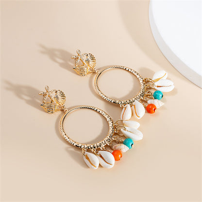 Turquoise and Shell 18K Gold-Plated Circle Conch Drop Earrings, gold drop earrings for women, lifestyle look
