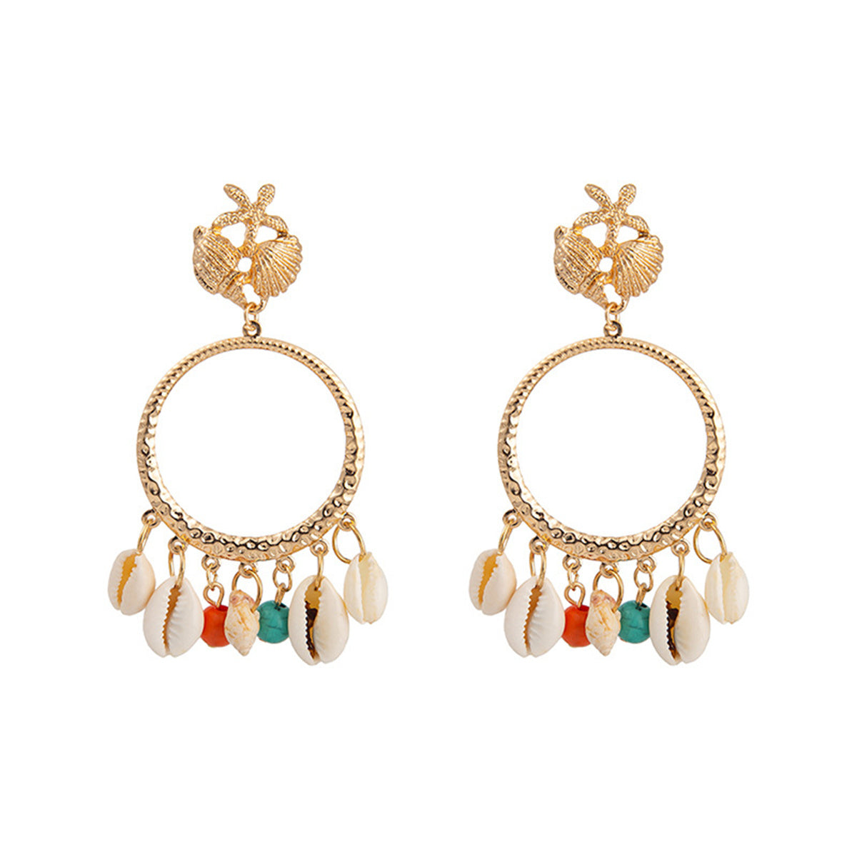 Turquoise and Shell 18K Gold-Plated Circle Conch Drop Earrings, gold drop earrings for women, botanical inspired, styled look
