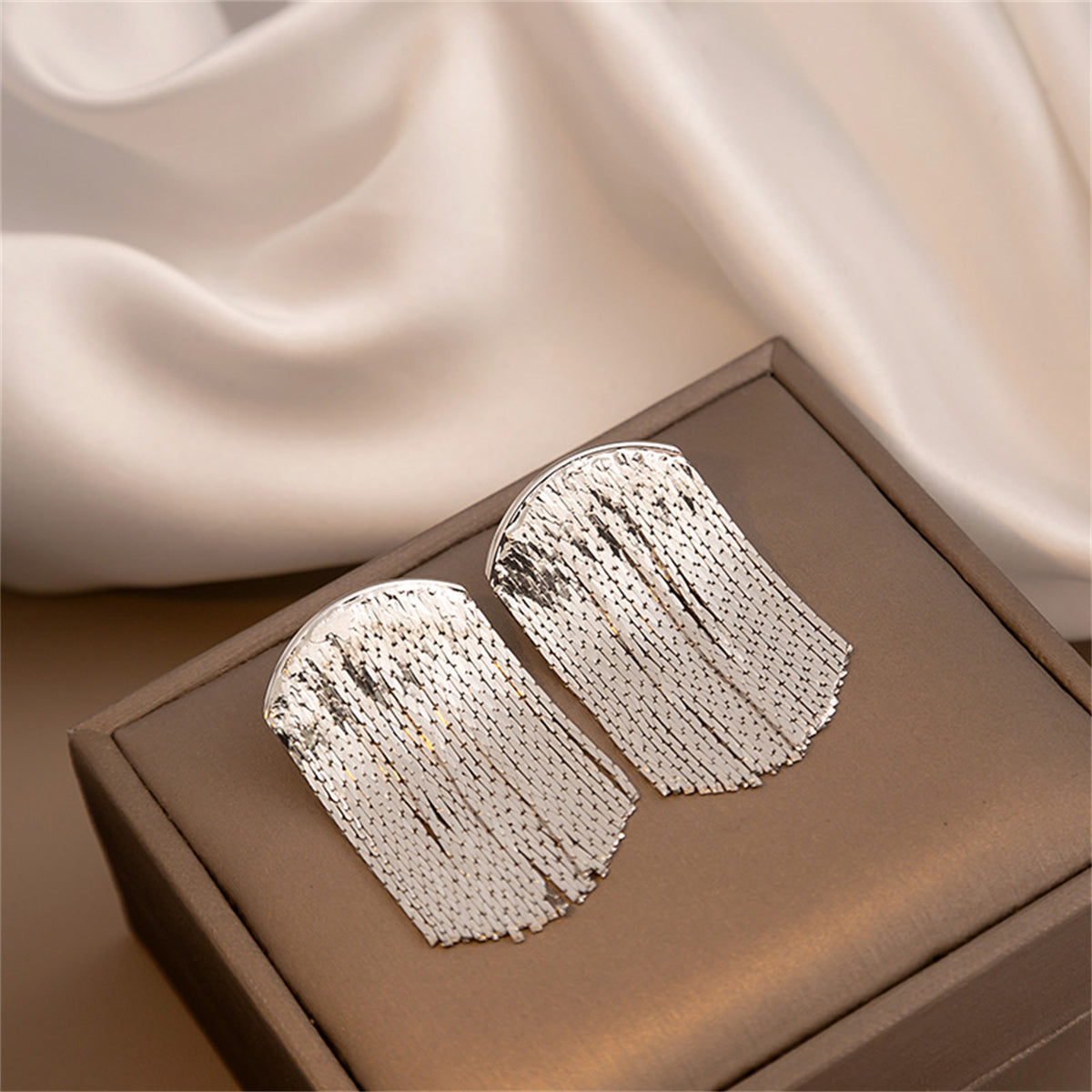 Silver-Plated Tassel Drop Earrings, silver drop earrings for women, elegant gift for her, front view