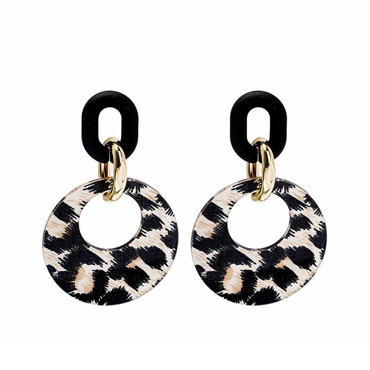 Leopard Acrylic and 18K Gold-Plated Hoop Drop Earring, gold drop earrings for women, vintage-inspired design, front view