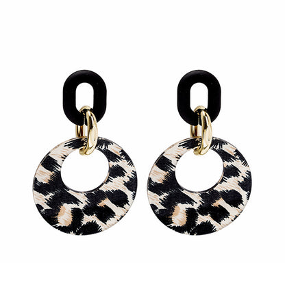 Leopard Acrylic and 18K Gold-Plated Hoop Drop Earring, gold drop earrings for women, vintage-inspired design, front view