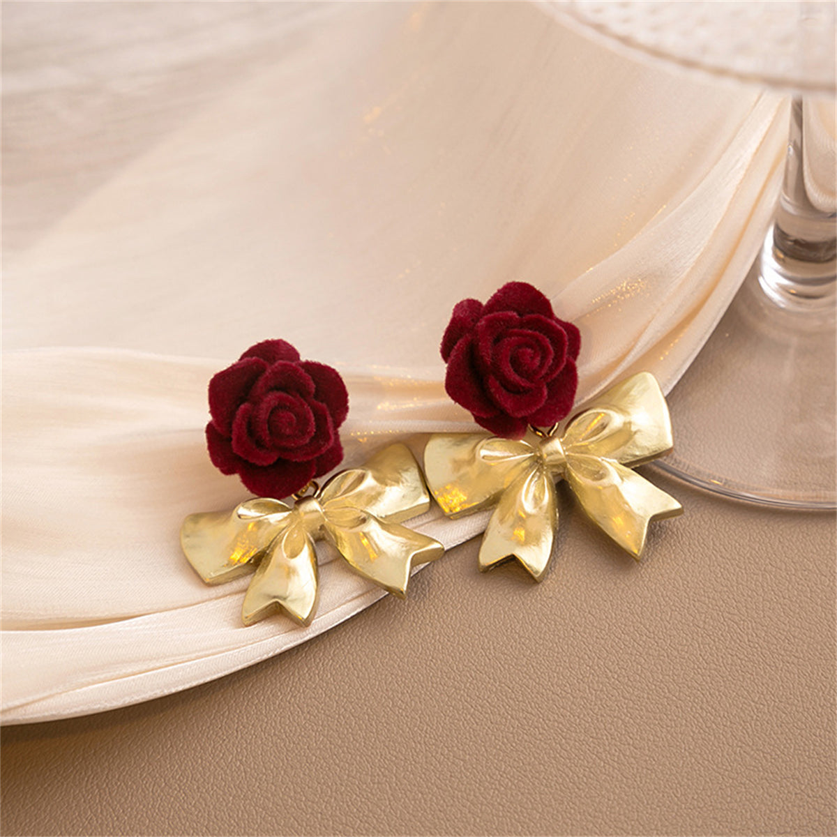 Red Nylon & 18K Gold-Plated Rose Bow Drop Earrings