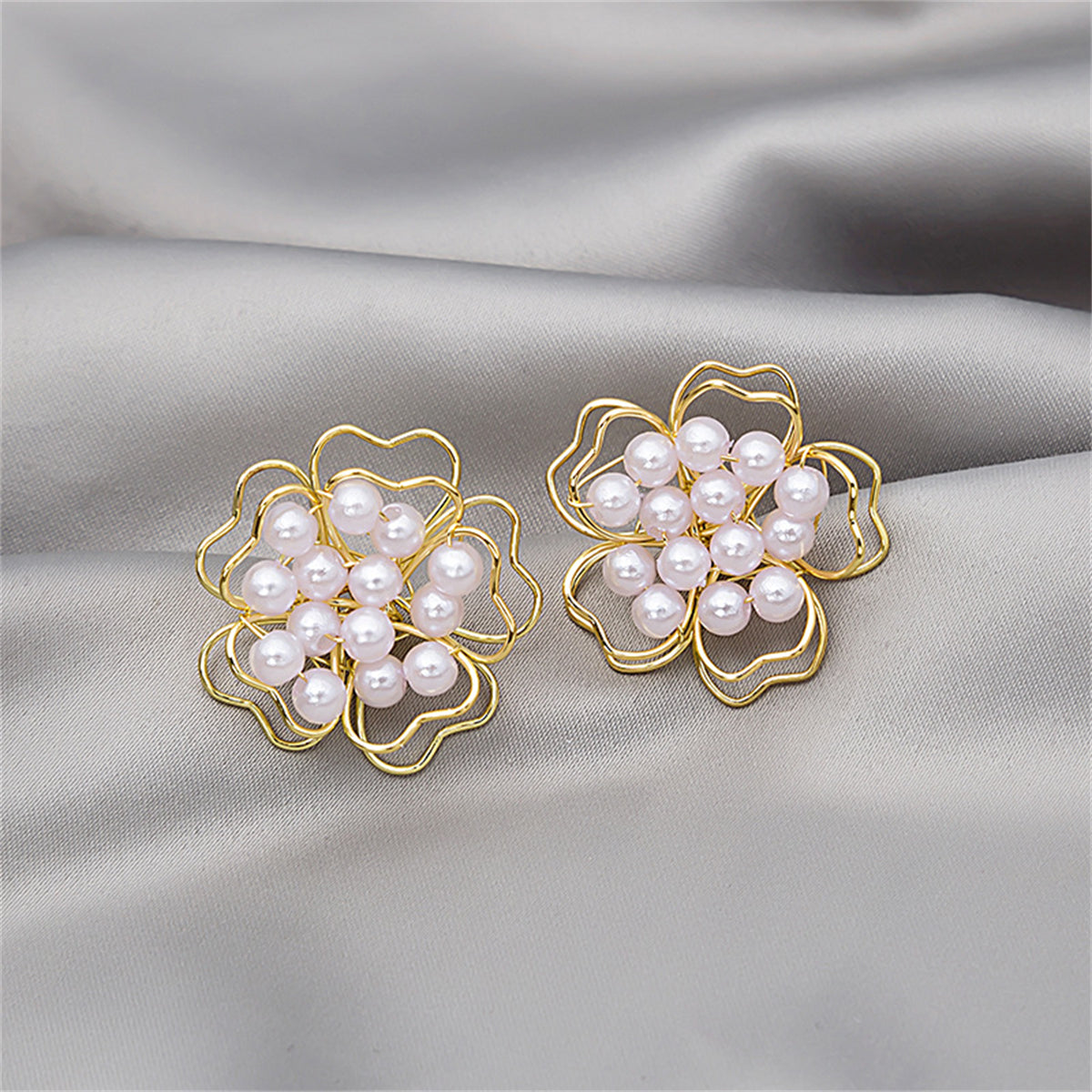 Pearl & 18K Gold-Plated Stacked Openwork Floral Stud Earrings