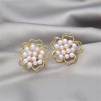 Pearl & 18k Gold-Plated Stacked Openwork Floral Stud Earrings