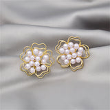Pearl & 18k Gold-Plated Stacked Openwork Floral Stud Earrings