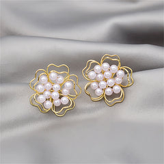 Pearl & 18K Gold-Plated Stacked Openwork Floral Stud Earrings