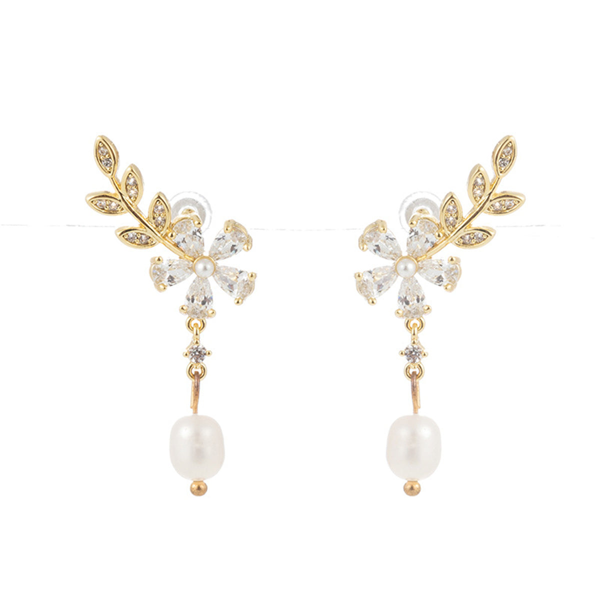 Crystal and Pearl 18K Gold-Plated Botanical Drop Earrings, gold drop earrings for women, vintage-inspired design, front view