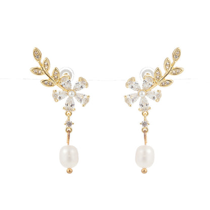 Crystal and Pearl 18K Gold-Plated Botanical Drop Earrings, gold drop earrings for women, vintage-inspired design, front view