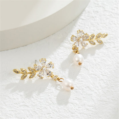 Crystal and Pearl 18K Gold-Plated Botanical Drop Earrings, gold drop earrings for women, detail close-up