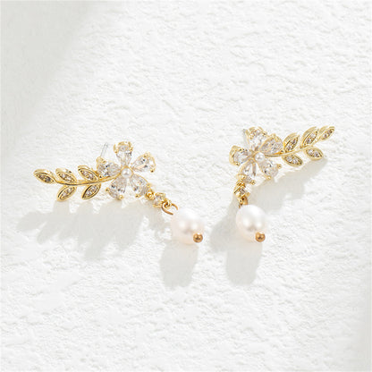 Crystal and Pearl 18K Gold-Plated Botanical Drop Earrings, gold drop earrings for women, lifestyle look