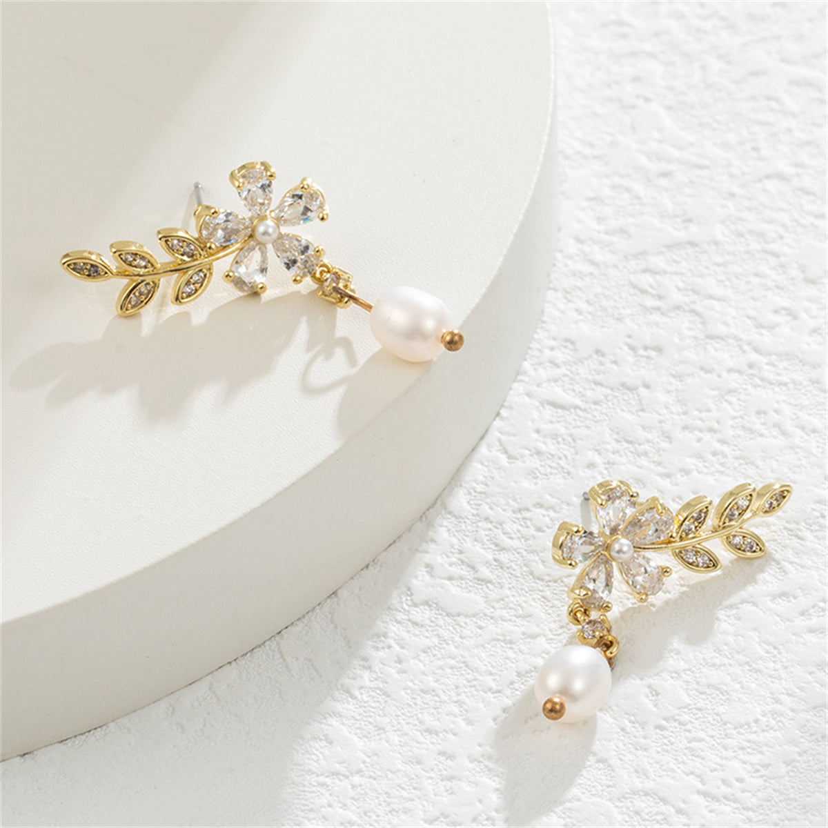 Crystal and Pearl 18K Gold-Plated Botanical Drop Earrings, gold drop earrings for women, vintage-inspired design, side view
