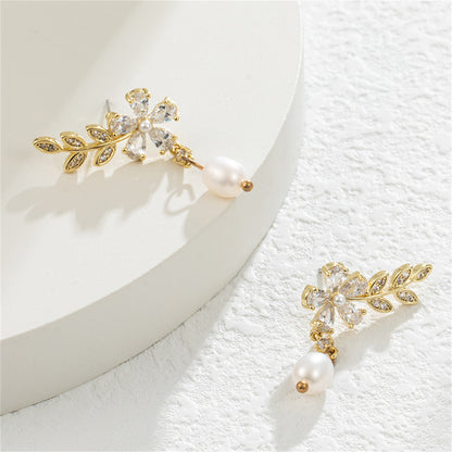 Crystal and Pearl 18K Gold-Plated Botanical Drop Earrings, gold drop earrings for women, vintage-inspired design, side view