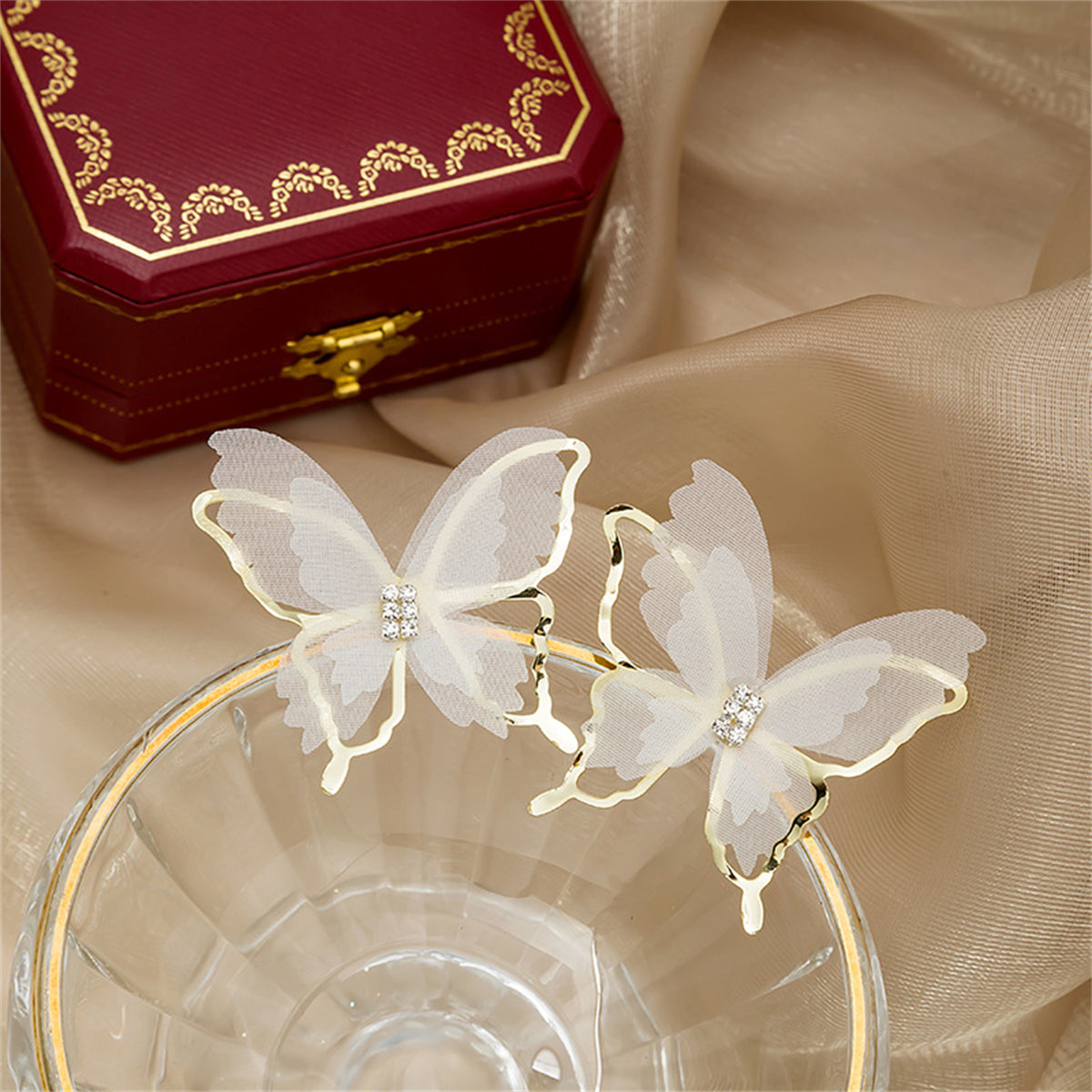 Cubic Zirconia & 18K Gold-Plated Mesh Butterfly Stud Earrings
