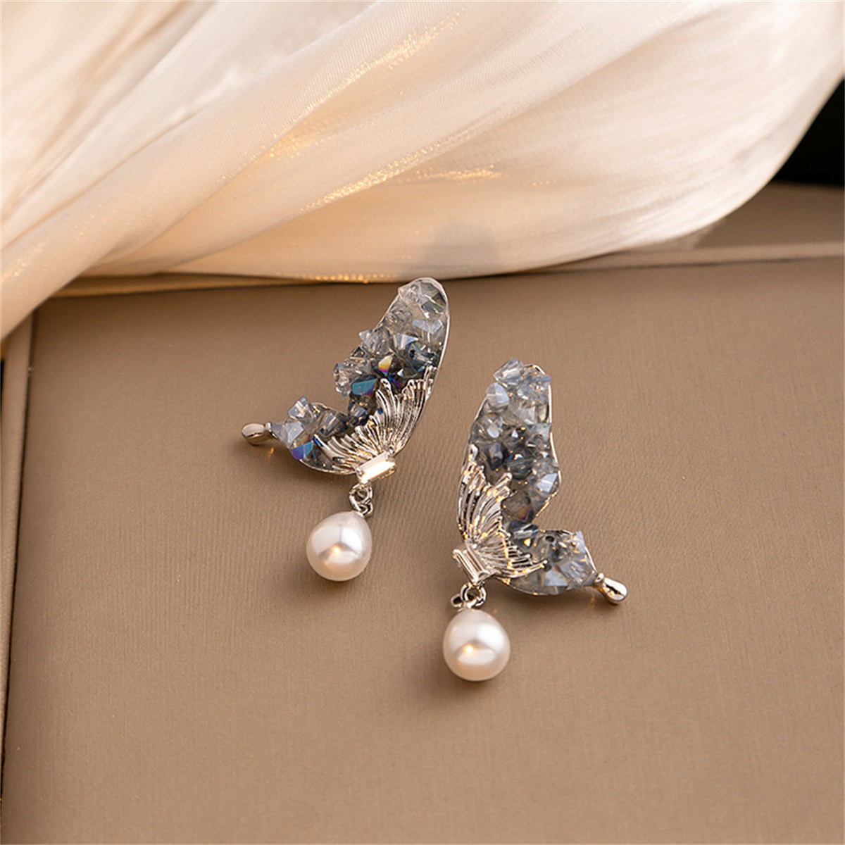 Pearl and Crystal Silver-Plated Butterfly Drop Earrings, silver drop earrings for women, botanical inspired, front view