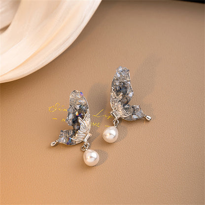 Pearl and Crystal Silver-Plated Butterfly Drop Earrings, silver drop earrings for women, botanical inspired, side view