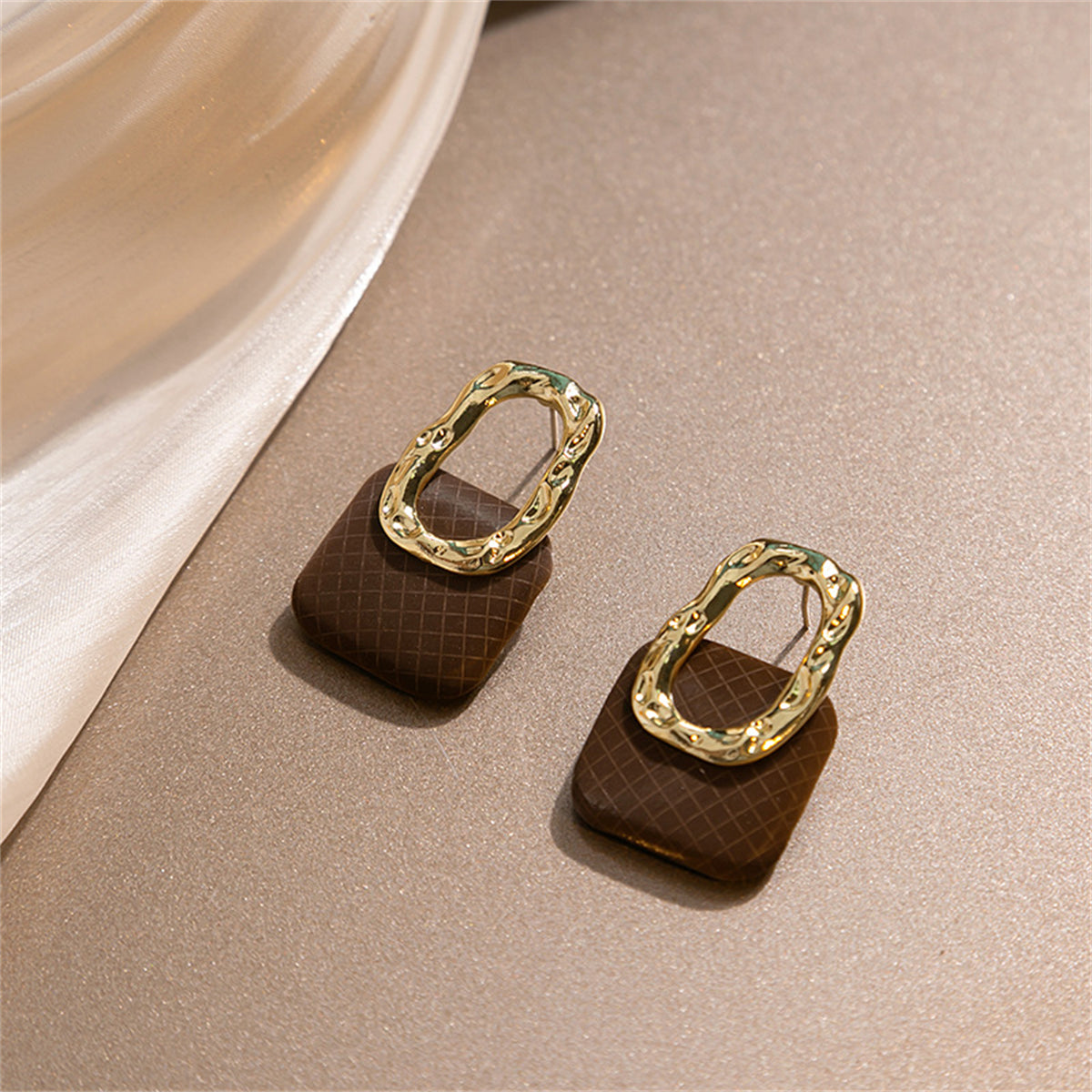 Brown Polystyrene and 18K Gold-Plated Handbag Drop Earrings, gold drop earrings for women, botanical inspired, front view