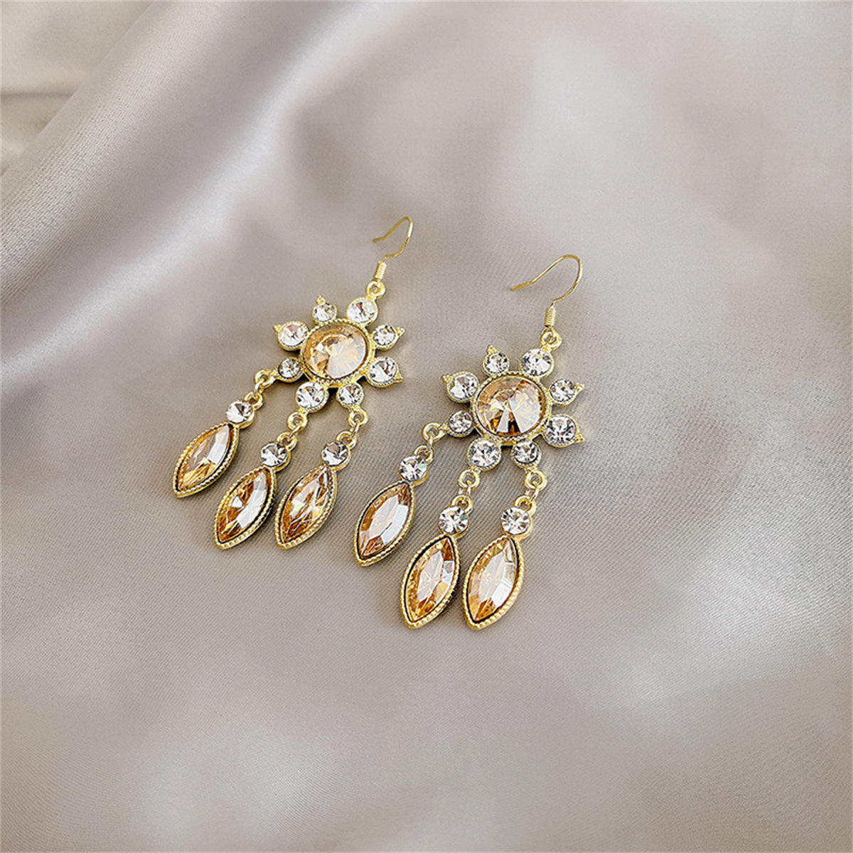 Champagne Crystal & Cubic Zirconia Sun Tassel Drop Earrings