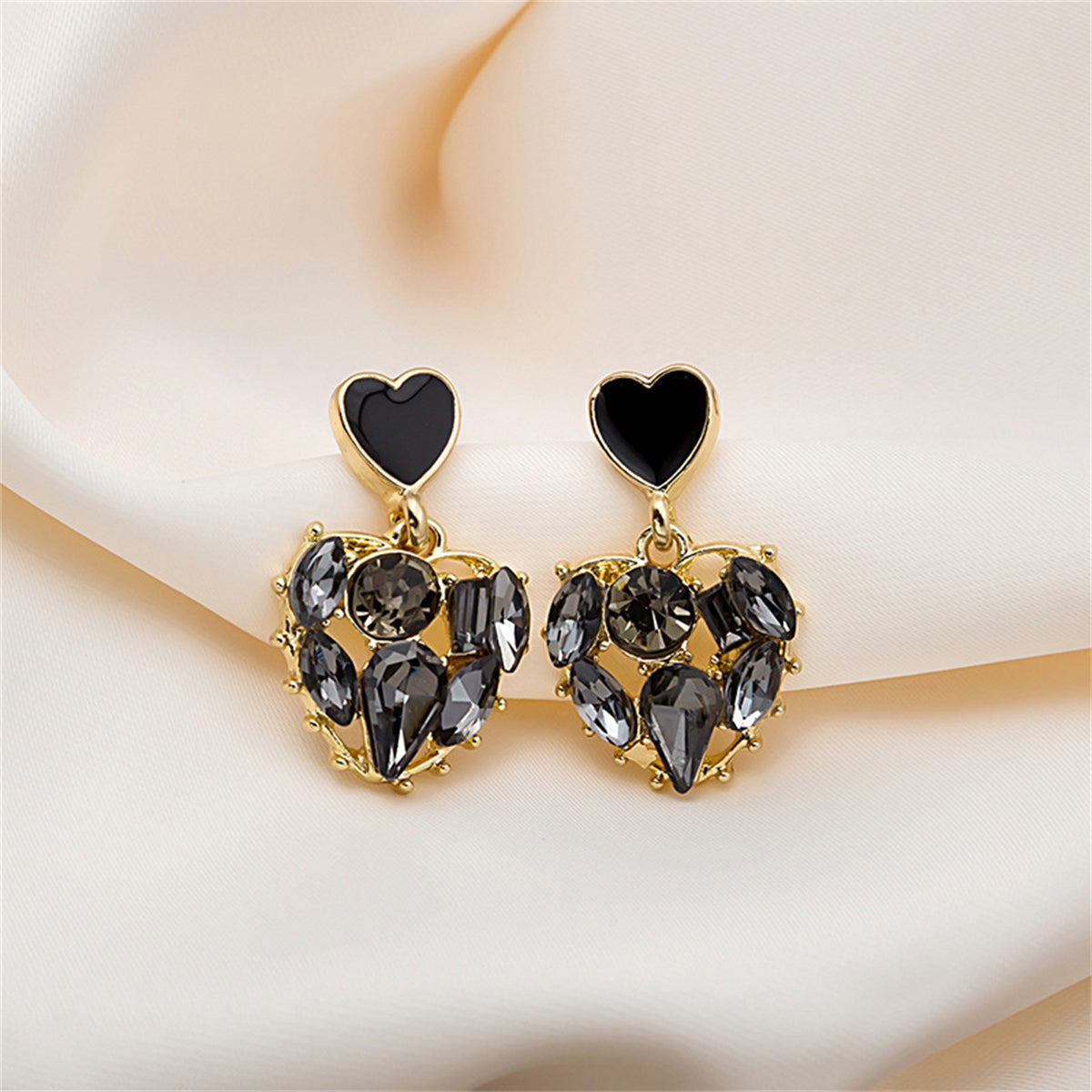 Black Crystal and 18K Gold-Plated Heart Drop Earrings, gold drop earrings for women, dainty minimalist design, front view