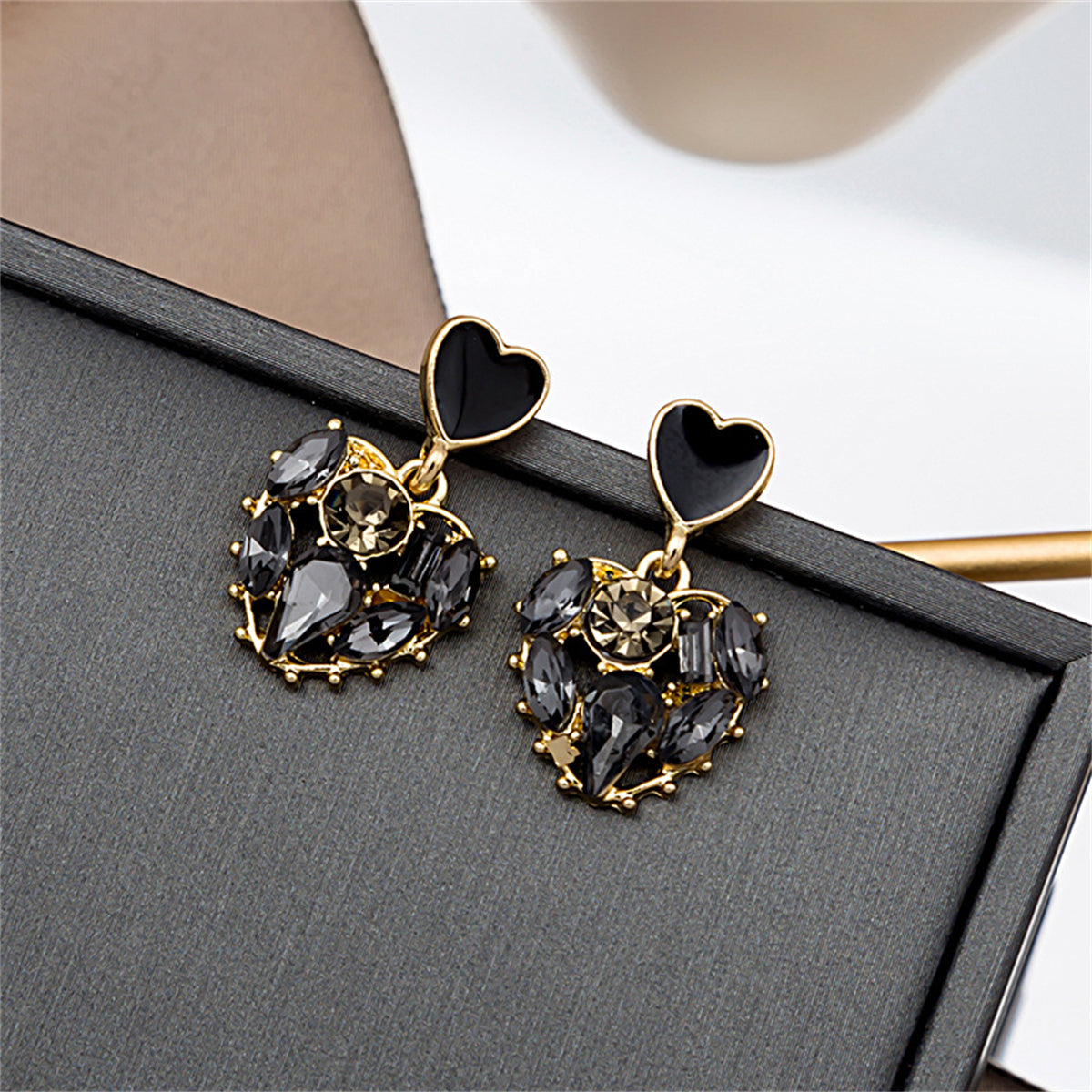 Black Crystal and 18K Gold-Plated Heart Drop Earrings, gold drop earrings for women, dainty minimalist design, side view
