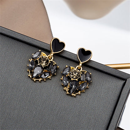 Black Crystal and 18K Gold-Plated Heart Drop Earrings, gold drop earrings for women, dainty minimalist design, side view