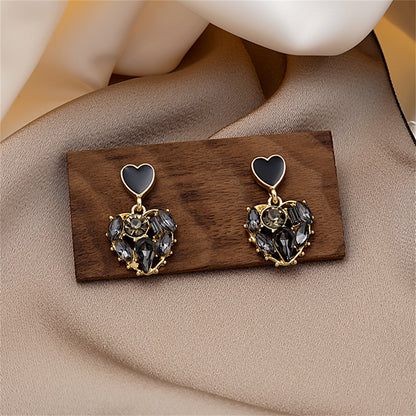 Black Crystal and 18K Gold-Plated Heart Drop Earrings, gold drop earrings for women, detail close-up