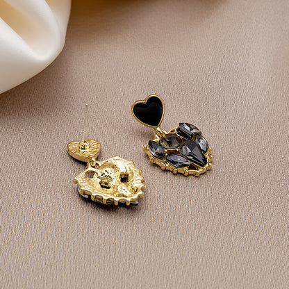Black Crystal and 18K Gold-Plated Heart Drop Earrings, gold drop earrings for women, dainty minimalist design, lifestyle look