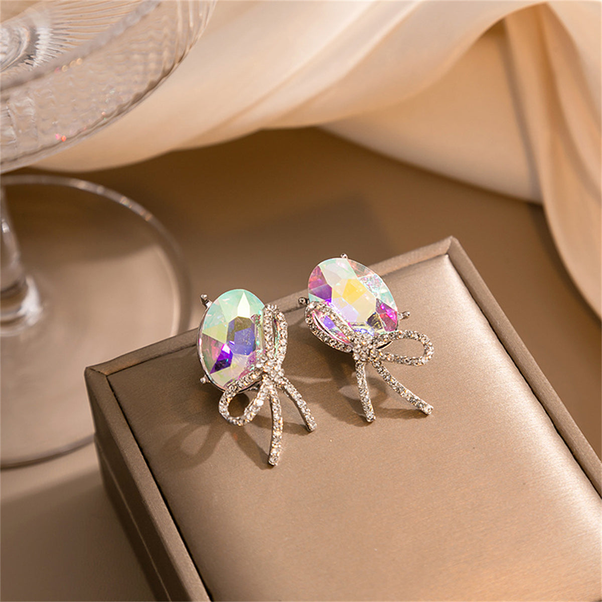 Cubic Zirconia and Oval Crystal Bow Stud Earrings, stud earrings for women, everyday style, front view