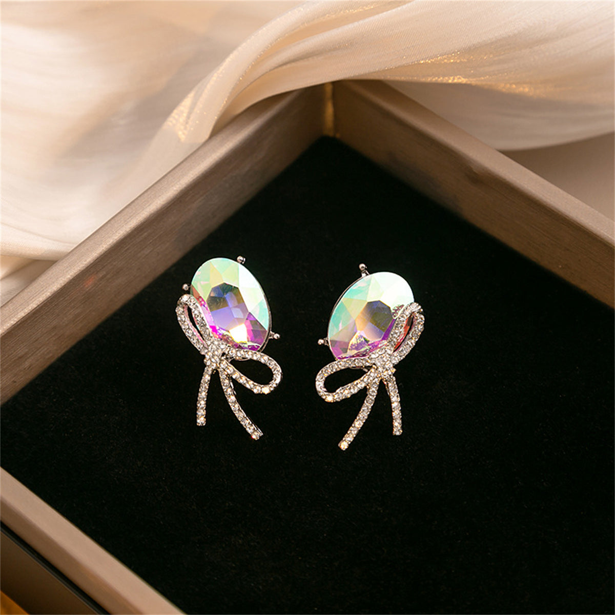 Cubic Zirconia and Oval Crystal Bow Stud Earrings, stud earrings for women, everyday style, detail close-up