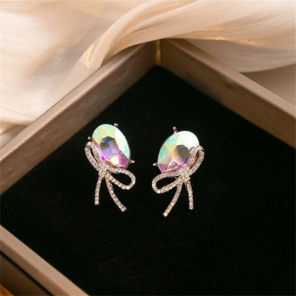 Cubic Zirconia and Oval Crystal Bow Stud Earrings, stud earrings for women, everyday style, detail close-up