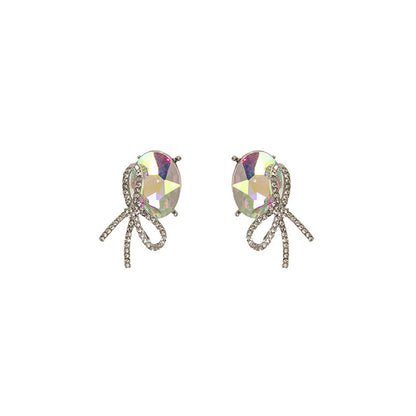 Cubic Zirconia and Oval Crystal Bow Stud Earrings, stud earrings for women, everyday style, side view