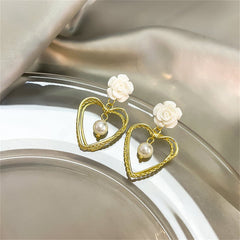 Pearl & Resin 18K Gold-Plated Flower Stacked Heart Drop Earrings