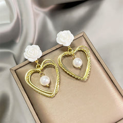 Pearl & Resin 18K Gold-Plated Flower Stacked Heart Drop Earrings