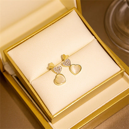 Cubic Zirconia and Quartz 18K Gold-Plated Hearts Drop Earrings, gold stud earrings for women, side view
