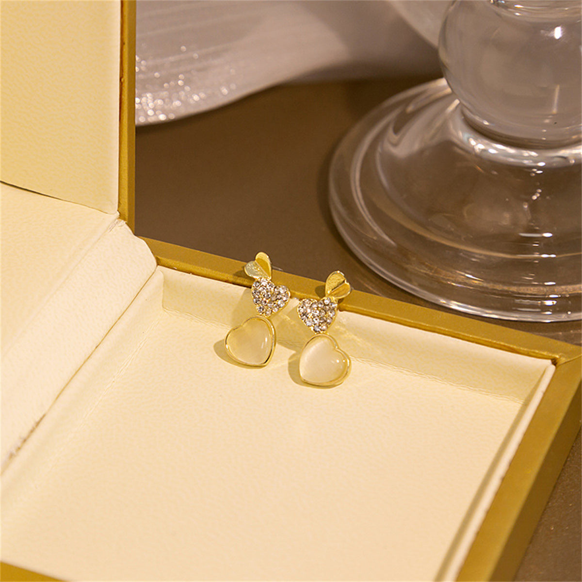 Cubic Zirconia and Quartz 18K Gold-Plated Hearts Drop Earrings, gold stud earrings for women, detail close-up