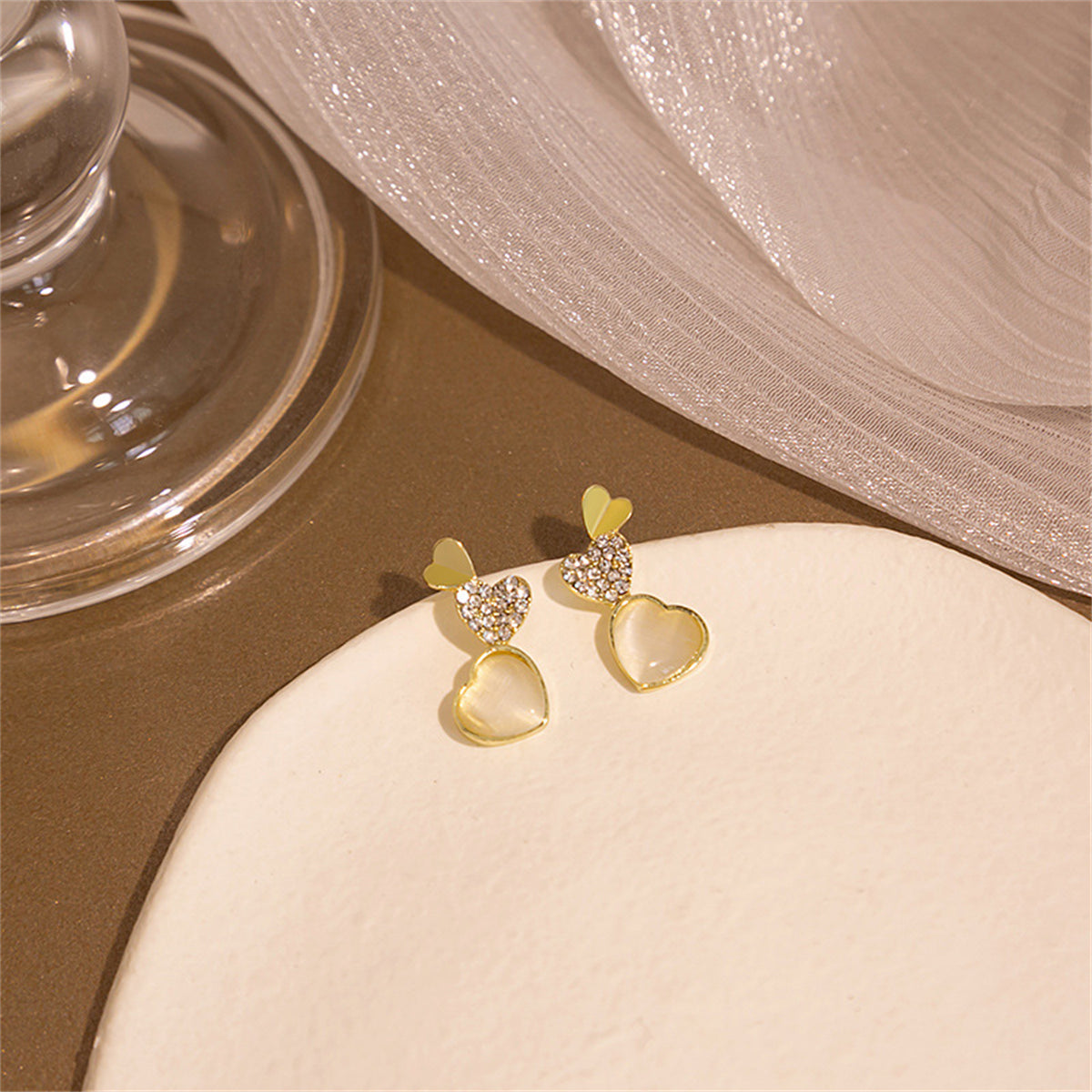 Cubic Zirconia and Quartz 18K Gold-Plated Hearts Drop Earrings, gold stud earrings for women, front view